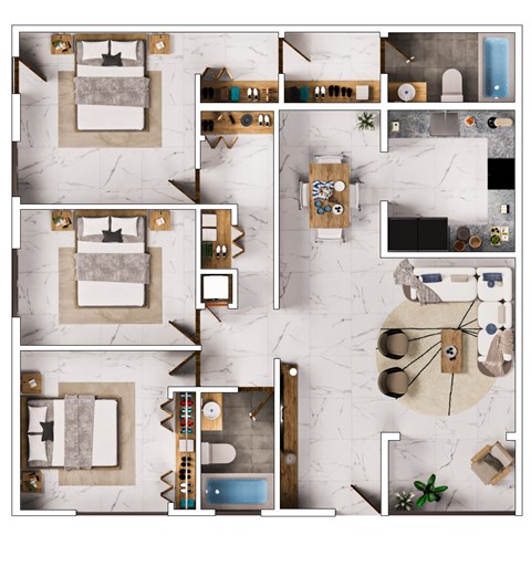 A collage of different room layouts with furniture.